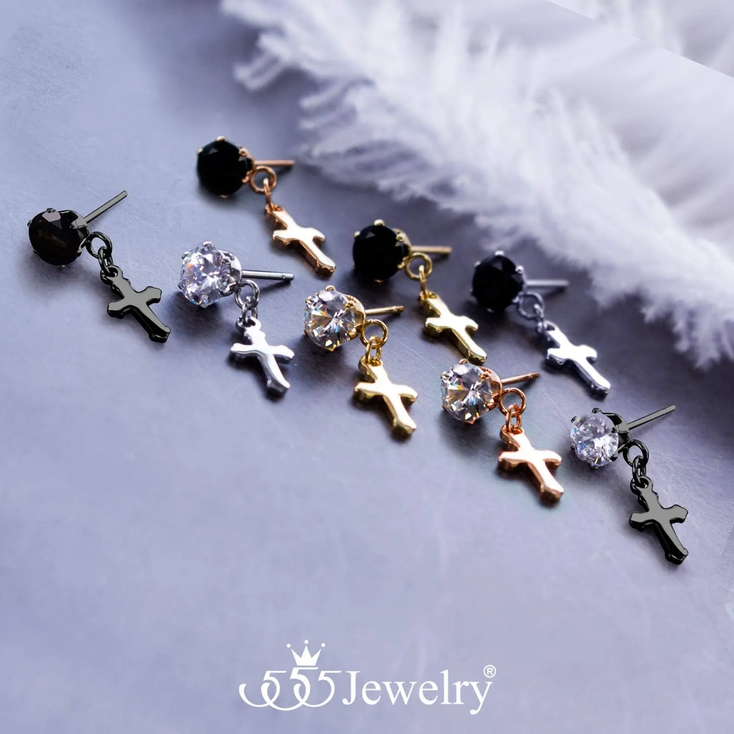 555Jewelry Delicate Small Sparkly Dangling Cross Stud Earrings for Women & Ladies