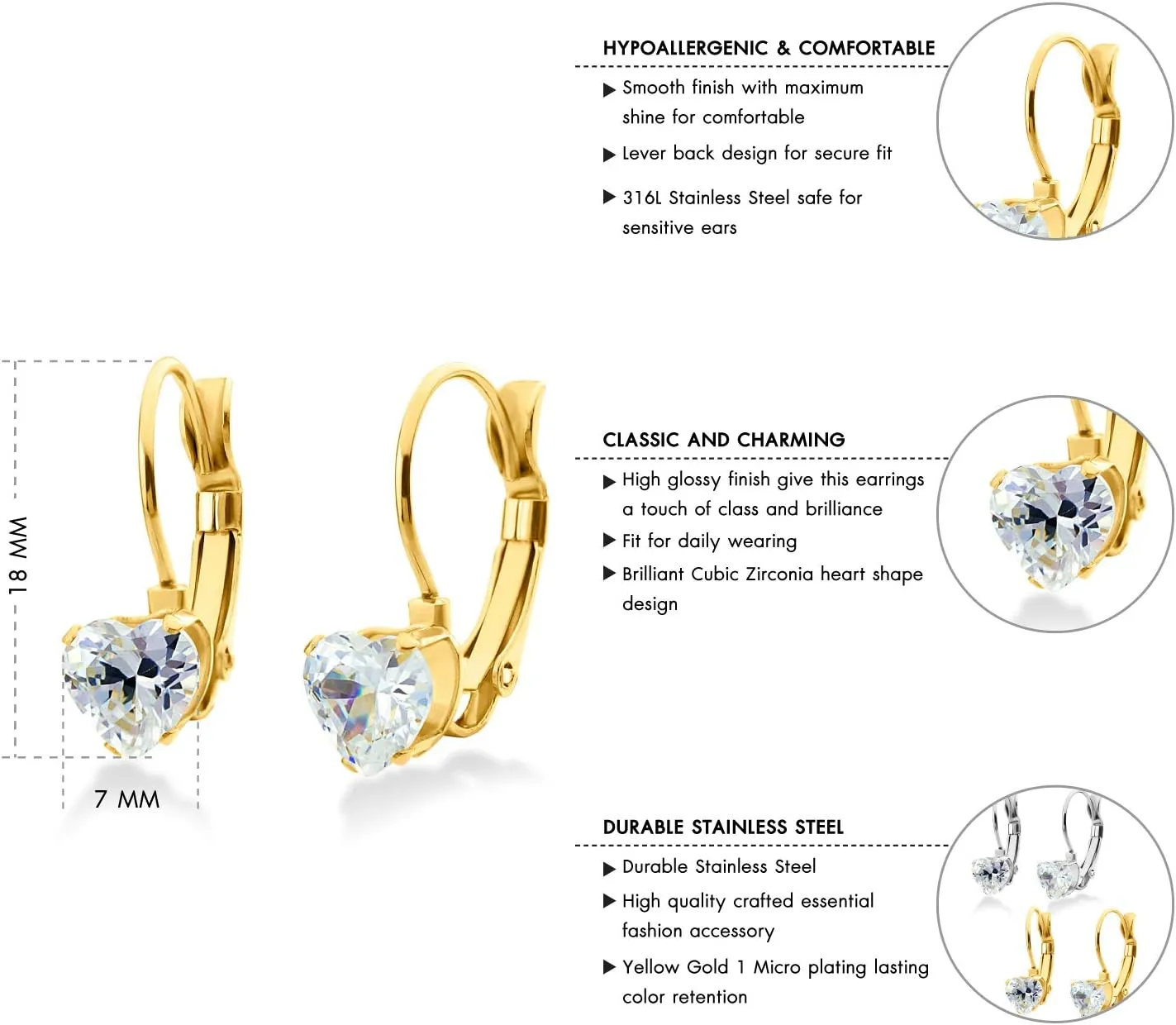 555Jewelry Womens Love Stainless Steel Heart Cubic Zirconia Lever Back Earrings