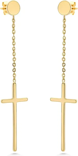 555Jewelry Womens Stainless Steel Hanging Cross Long Dangling Earrings Drop Dangle Earring