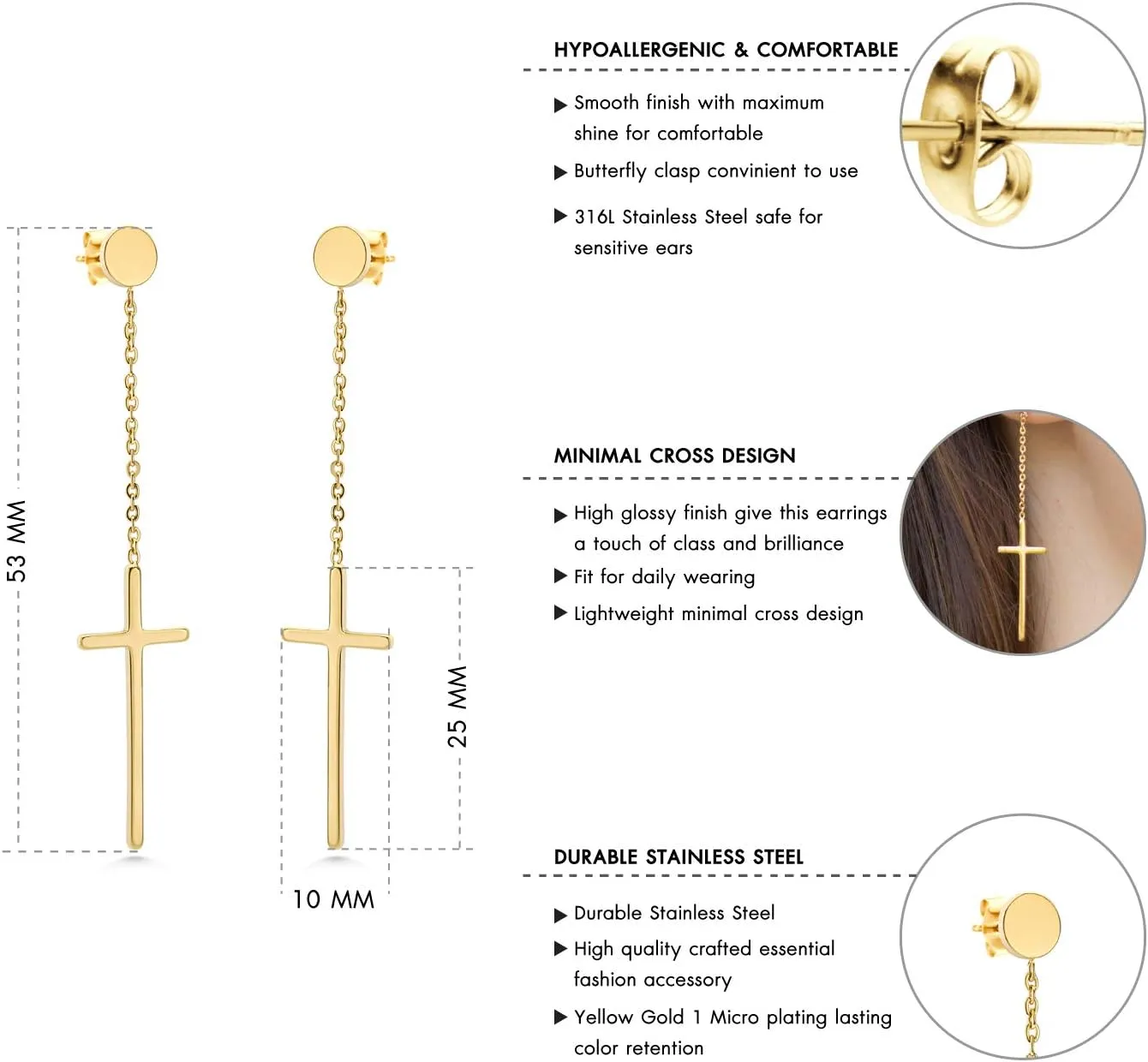 555Jewelry Womens Stainless Steel Hanging Cross Long Dangling Earrings Drop Dangle Earring