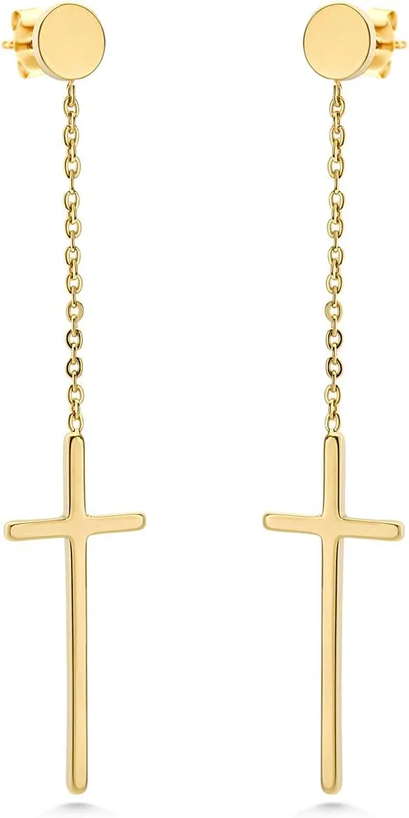 555Jewelry Womens Stainless Steel Hanging Cross Long Dangling Earrings Drop Dangle Earring