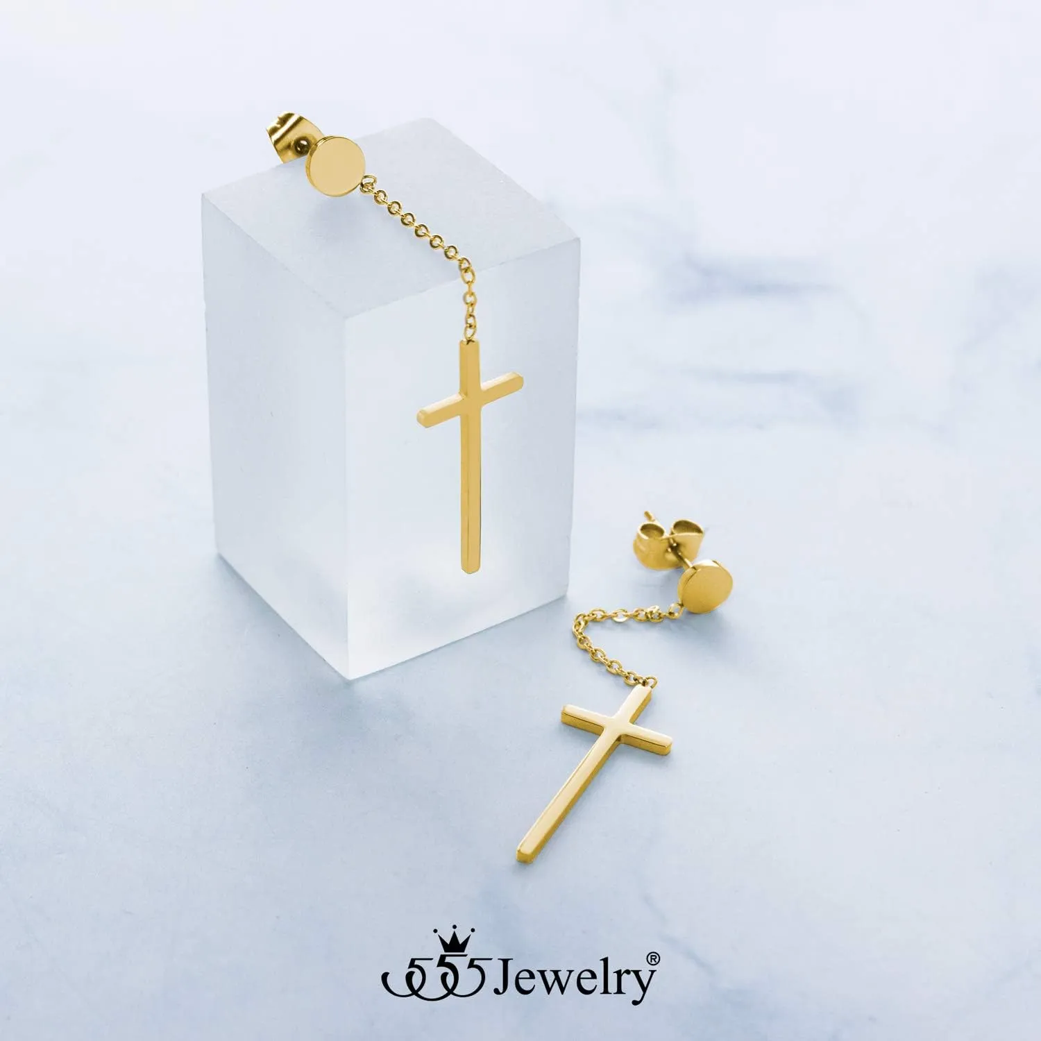 555Jewelry Womens Stainless Steel Hanging Cross Long Dangling Earrings Drop Dangle Earring