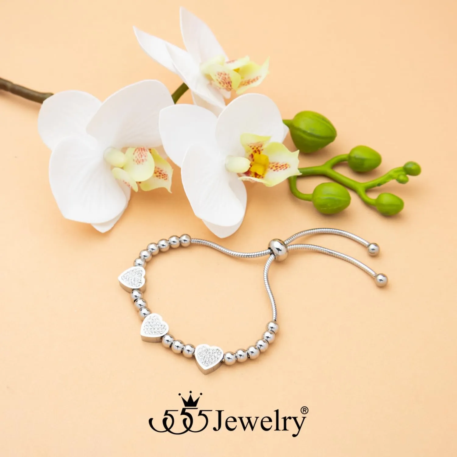 555Jewelry Womens Stainless Steel Love Heart Charm Beaded Delicate Bracelet Dangling
