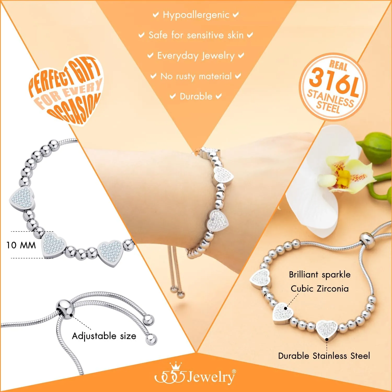 555Jewelry Womens Stainless Steel Love Heart Charm Beaded Delicate Bracelet Dangling