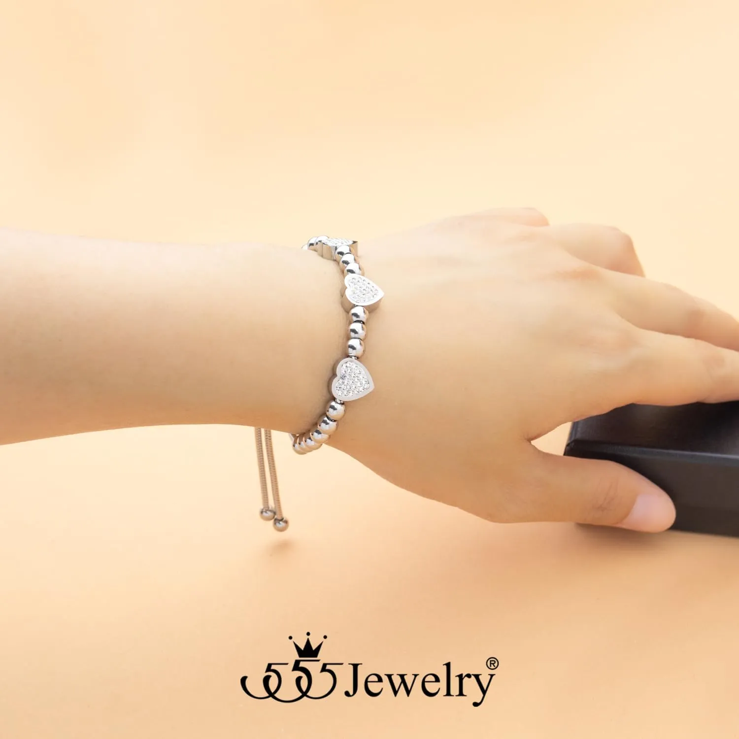555Jewelry Womens Stainless Steel Love Heart Charm Beaded Delicate Bracelet Dangling