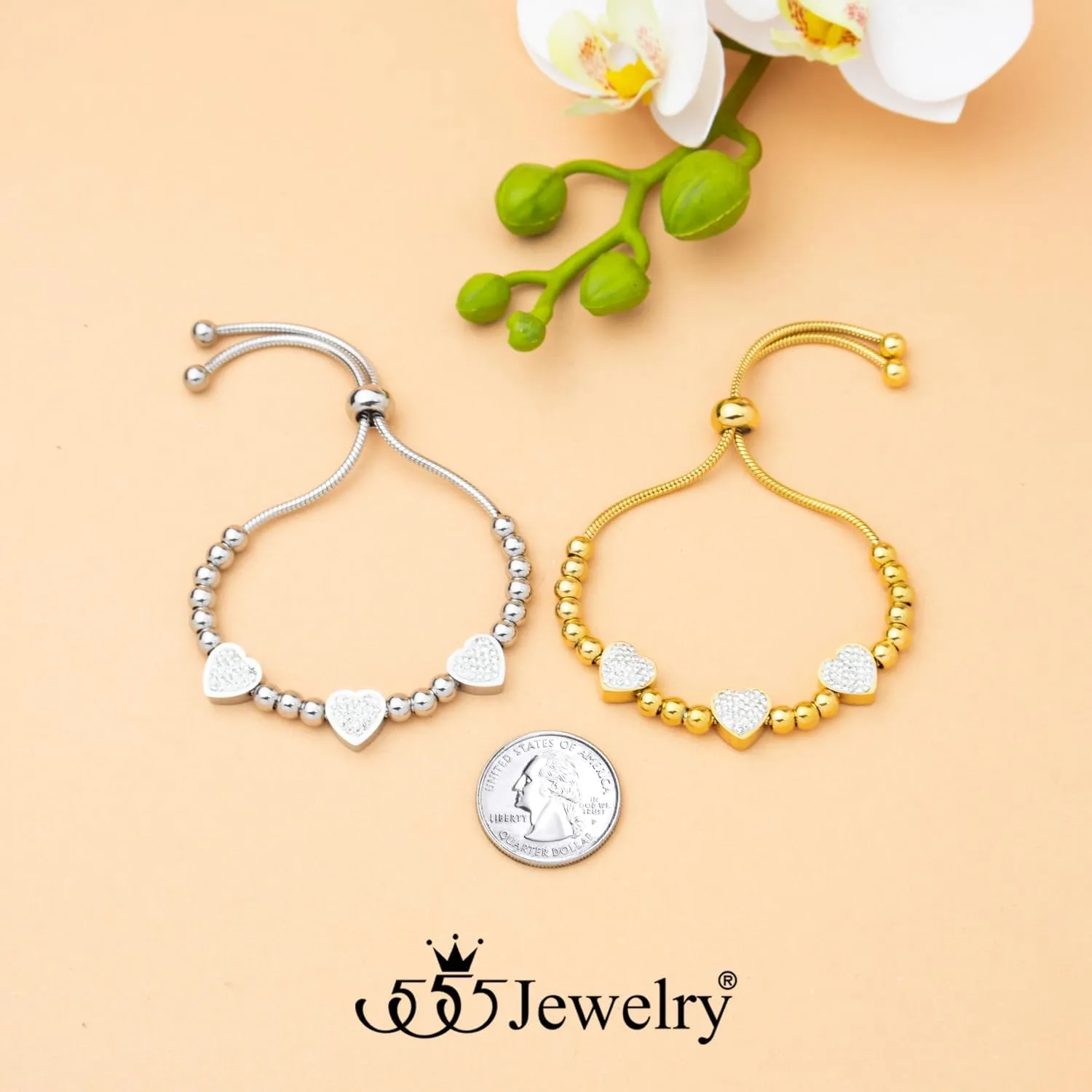 555Jewelry Womens Stainless Steel Love Heart Charm Beaded Delicate Bracelet Dangling