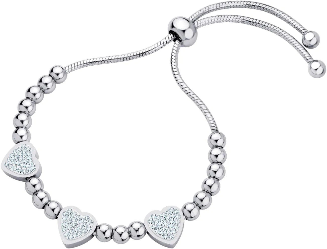 555Jewelry Womens Stainless Steel Love Heart Charm Beaded Delicate Bracelet Dangling