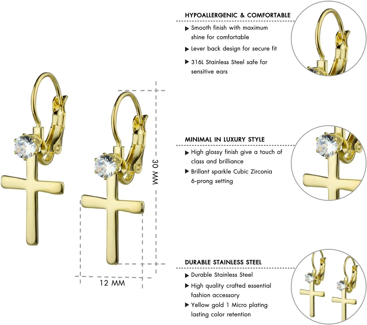 555Jewelry Womens Stainless Steel Small Cross CZ Stud Dangle Lever Back Earrings
