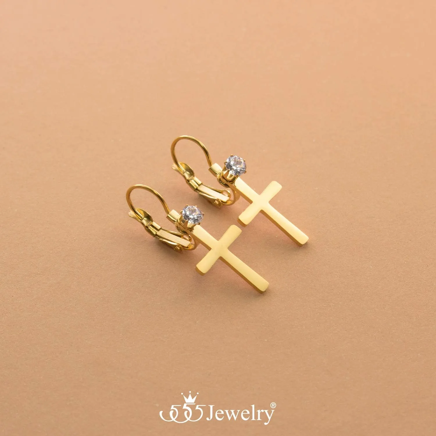 555Jewelry Womens Stainless Steel Small Cross CZ Stud Dangle Lever Back Earrings