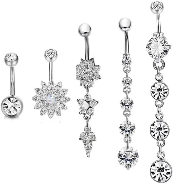 5Pcs Belly Button Piercing Ring for Women Girls, 14G Stainless Steel Belly Button Rings Dangling Dangle Belly Rings Piercing Jewelry Barbell Belly Navel Rings Clicker Hoop Piercing