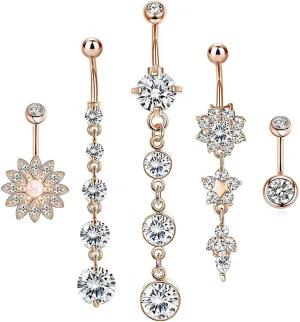 5Pcs Belly Button Piercing Ring for Women Girls, 14G Stainless Steel Belly Button Rings Dangling Dangle Belly Rings Piercing Jewelry Barbell Belly Navel Rings Clicker Hoop Piercing
