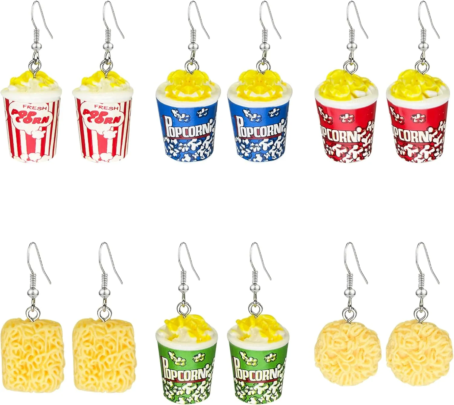 6 Pairs Handmade Resin Simulation Food Dangle Earrings Creative Cute Popcorn Instant Noodles Statement Drop Earrings Funny Popcorn Earrings for Women