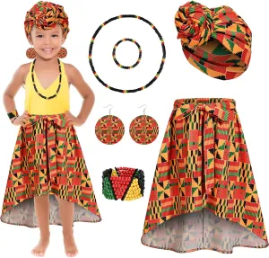 6 Pcs African Clothes Dashiki Skirt Casual Stretch Head Wrap Dangle Earring Necklace Bracelet Rasta Beaded Bracelet