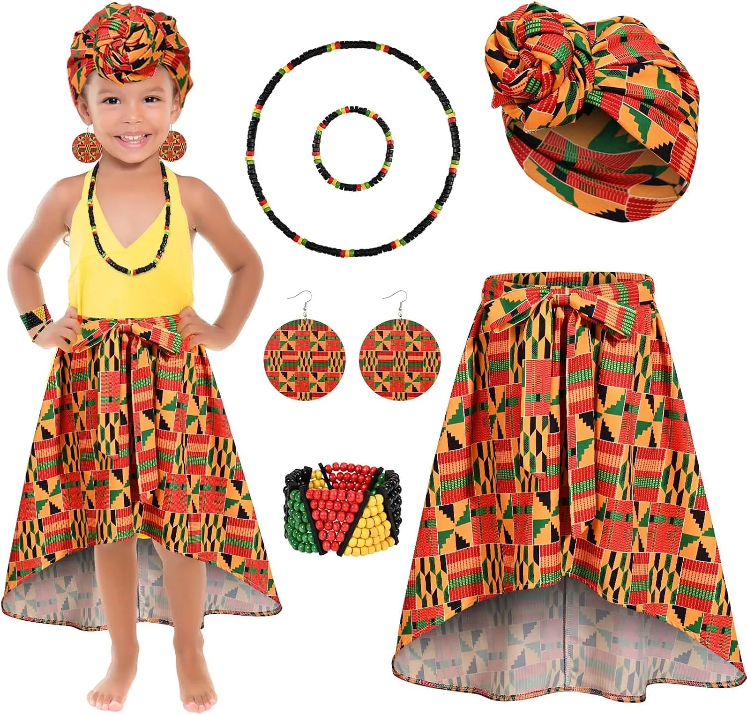 6 Pcs African Clothes Dashiki Skirt Casual Stretch Head Wrap Dangle Earring Necklace Bracelet Rasta Beaded Bracelet