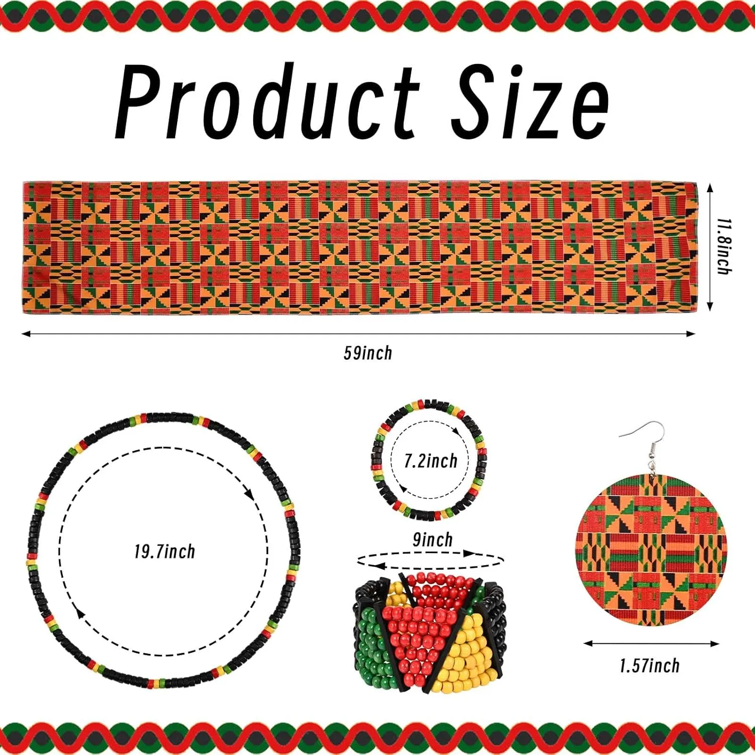 6 Pcs African Clothes Dashiki Skirt Casual Stretch Head Wrap Dangle Earring Necklace Bracelet Rasta Beaded Bracelet