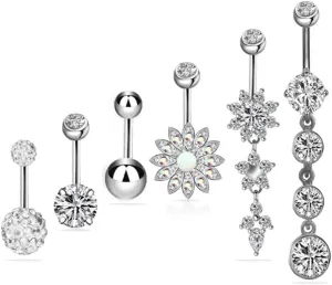 6Pcs Belly Button Piercing Ring for Women Girls, Silver Rose Gold 14G Stainless Steel Belly Button Rings Dangling Dangle Belly Rings Piercing Jewelry Barbell Belly Navel Rings Clicker Hoop Piercing