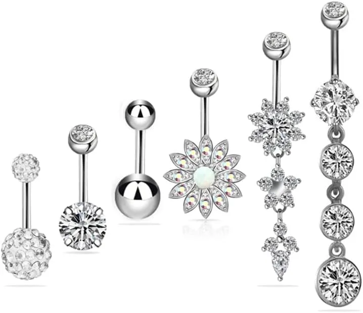6Pcs Belly Button Piercing Ring for Women Girls, Silver Rose Gold 14G Stainless Steel Belly Button Rings Dangling Dangle Belly Rings Piercing Jewelry Barbell Belly Navel Rings Clicker Hoop Piercing
