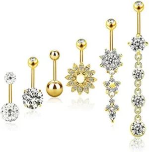 6Pcs Belly Button Piercing Ring for Women Girls, Silver Rose Gold 14G Stainless Steel Belly Button Rings Dangling Dangle Belly Rings Piercing Jewelry Barbell Belly Navel Rings Clicker Hoop Piercing