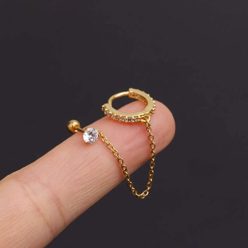 8mm CZ Small Hoop Cuff Earrings for Women Teen Girls Dainty Clear Crystal Cartilage Stainless Steel 20g Screw Back Threader Chain Drop Dangle Stud Delicate Double Piercing 2nd Holes Crawler Climbers Hypoallergenic Studs