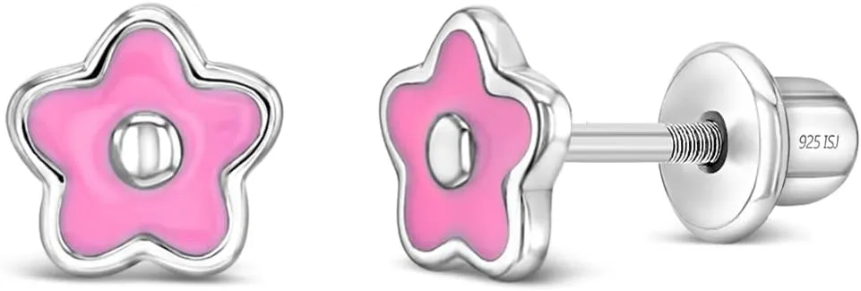 925 Sterling Silver Little Girl's 6mm Pink Enamel Flower Shaped Screw Back Locking Earrings for Toddlers & Pre Teens Playful and Formal Outfits, Daily and Occasional Use