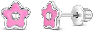 925 Sterling Silver Little Girl's 6mm Pink Enamel Flower Shaped Screw Back Locking Earrings for Toddlers & Pre Teens Playful and Formal Outfits, Daily and Occasional Use
