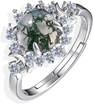 925 Sterling Silver Moss Agate Ring- 18K White Gold Plated 925 Sterling Silver Adjustable Ring with CZ Halo- Stunning Unique Engagement Rings for Women