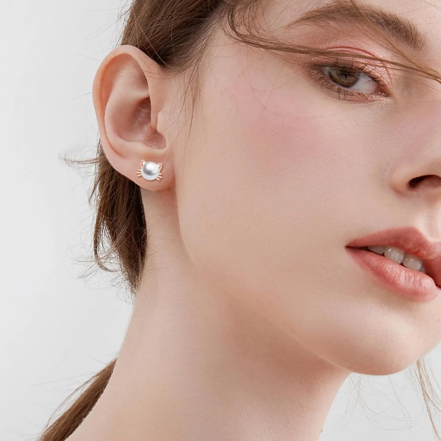 925 Sterling Silver Pearl Cat Earrings Cute Animal Earrings Studs Jewelry Gifts for Women