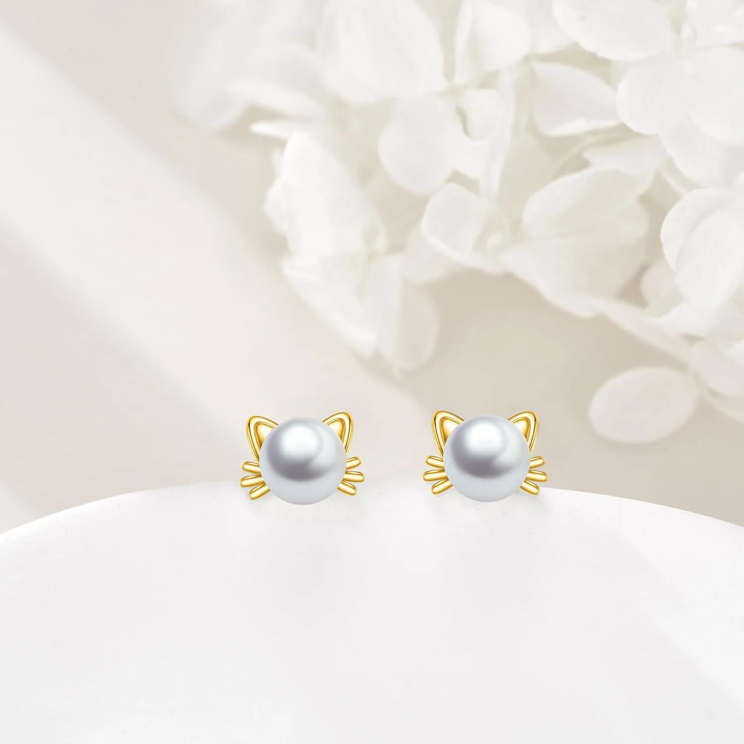 925 Sterling Silver Pearl Cat Earrings Cute Animal Earrings Studs Jewelry Gifts for Women