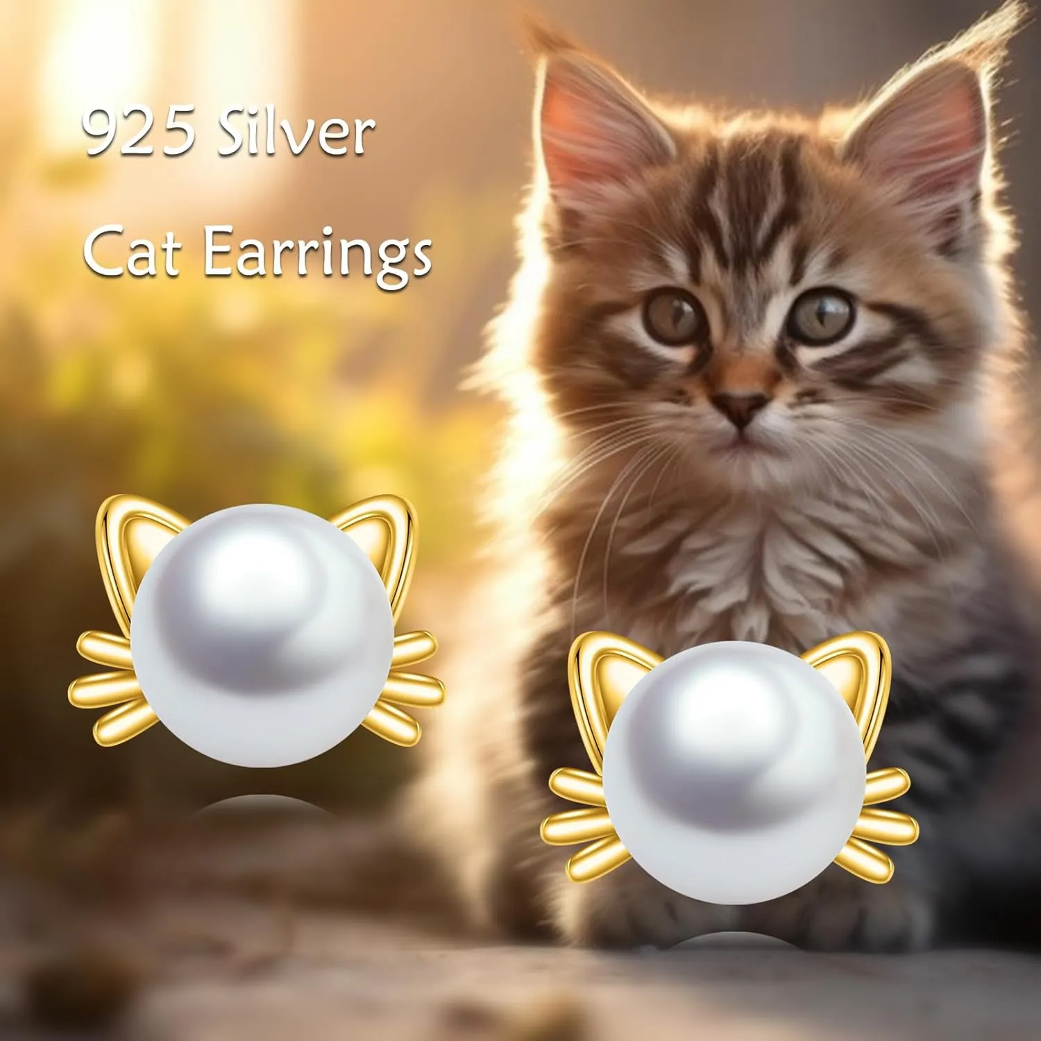 925 Sterling Silver Pearl Cat Earrings Cute Animal Earrings Studs Jewelry Gifts for Women