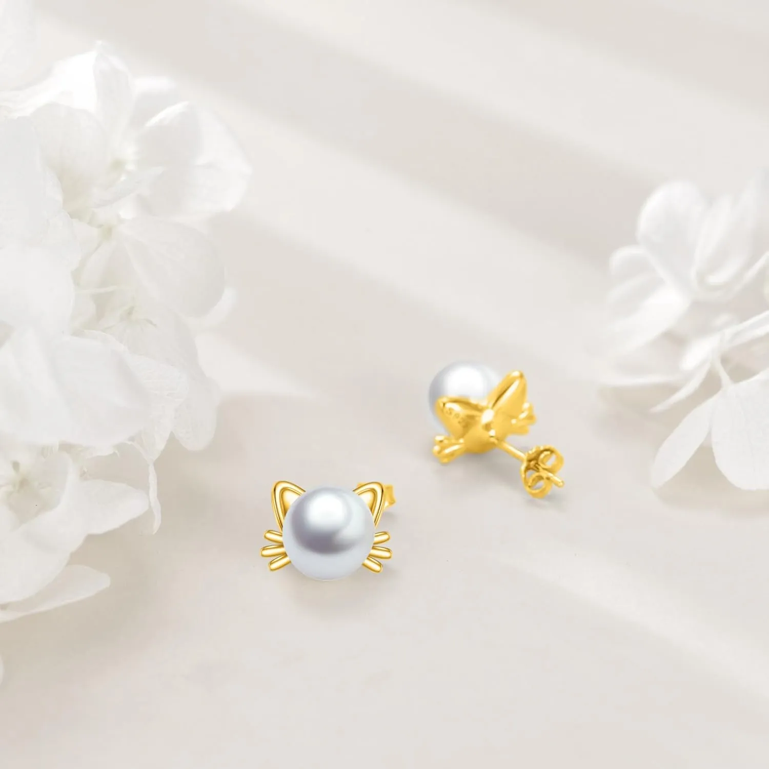 925 Sterling Silver Pearl Cat Earrings Cute Animal Earrings Studs Jewelry Gifts for Women