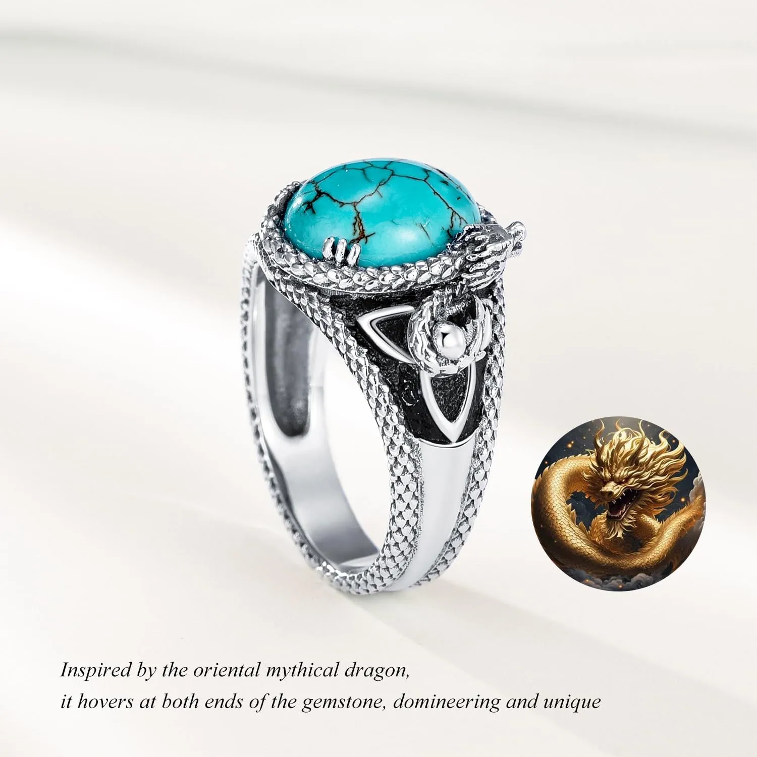 925 Sterling Silver Real Turquoise Dragon Ring for Men Unique Vintage and Genuine Natural Gemstone Rings Jewelry for Him Husband