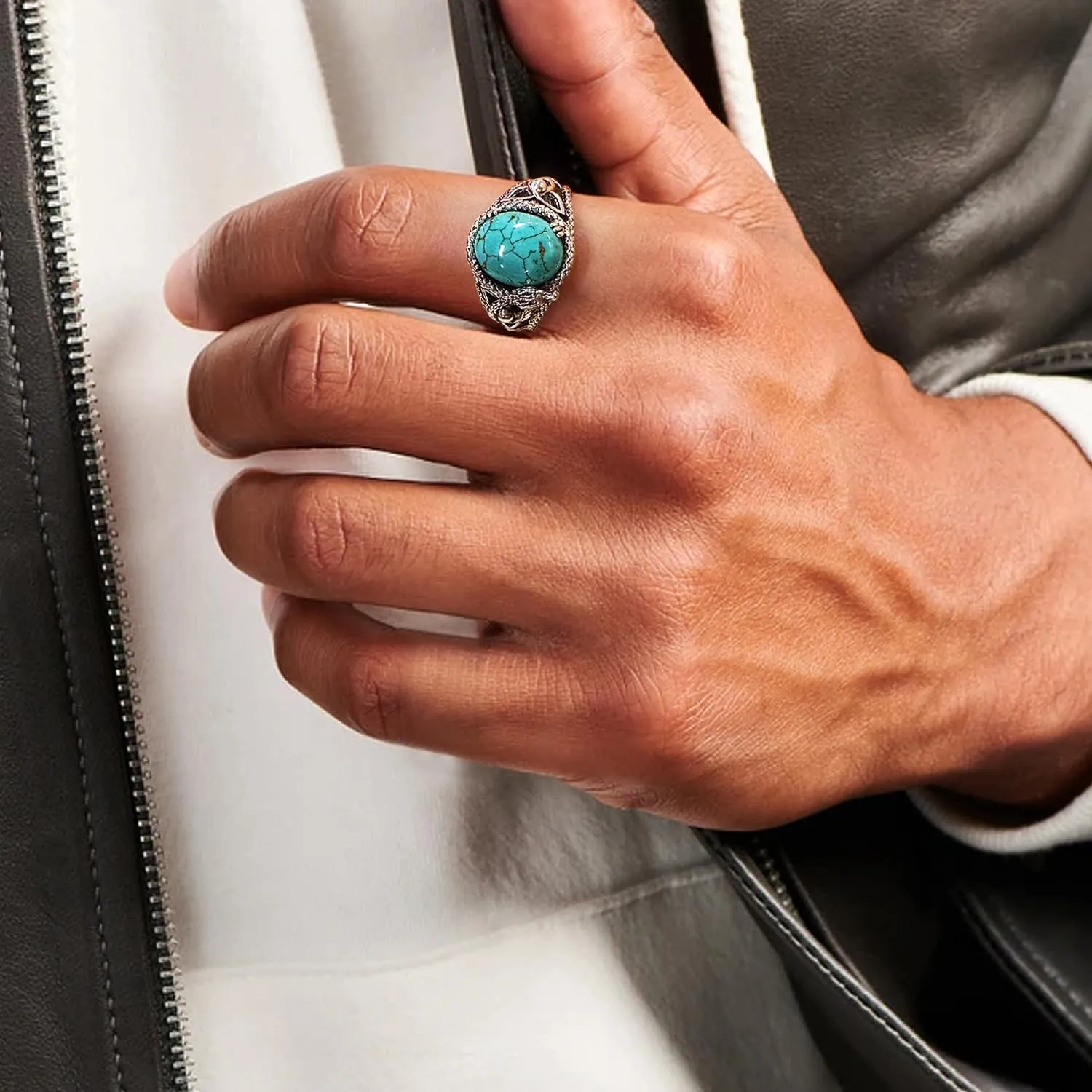 925 Sterling Silver Real Turquoise Dragon Ring for Men Unique Vintage and Genuine Natural Gemstone Rings Jewelry for Him Husband