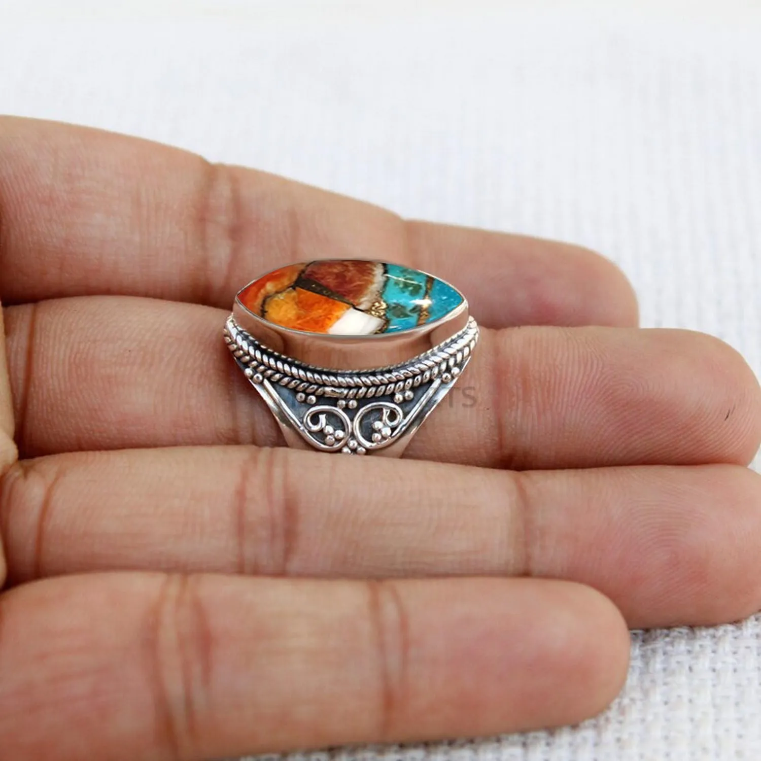 925 Sterling Silver Ring for Womens & Girls, Oyster Copper Turquoise Ring Gemstone Unique Handcrafted Ring for Mother's Day Gift (US Size 7.5)