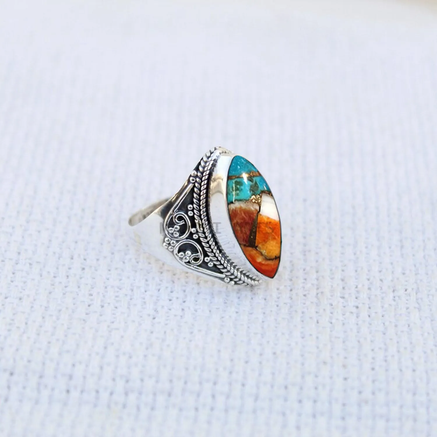 925 Sterling Silver Ring for Womens & Girls, Oyster Copper Turquoise Ring Gemstone Unique Handcrafted Ring for Mother's Day Gift (US Size 7.5)