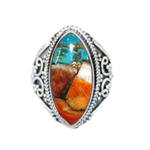 925 Sterling Silver Ring for Womens & Girls, Oyster Copper Turquoise Ring Gemstone Unique Handcrafted Ring for Mother's Day Gift (US Size 7.5)