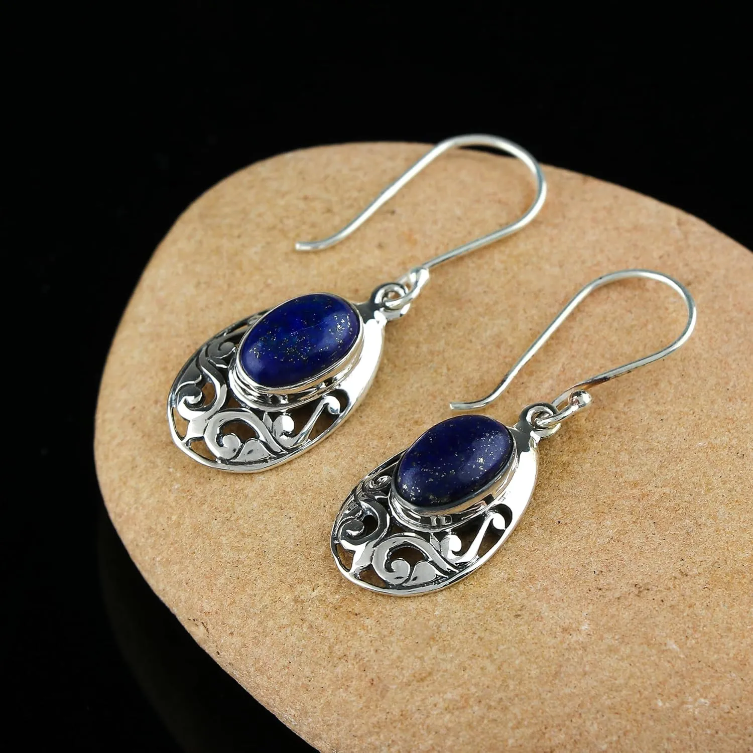 925 Sterling Silver Stud Earrings for Women, Natural Lapis Lazuli Earrings, Healing Crystals, Gemstone Crystals Jewelry, Handmade, Birthstone, Filigree, Bridal Jewelry