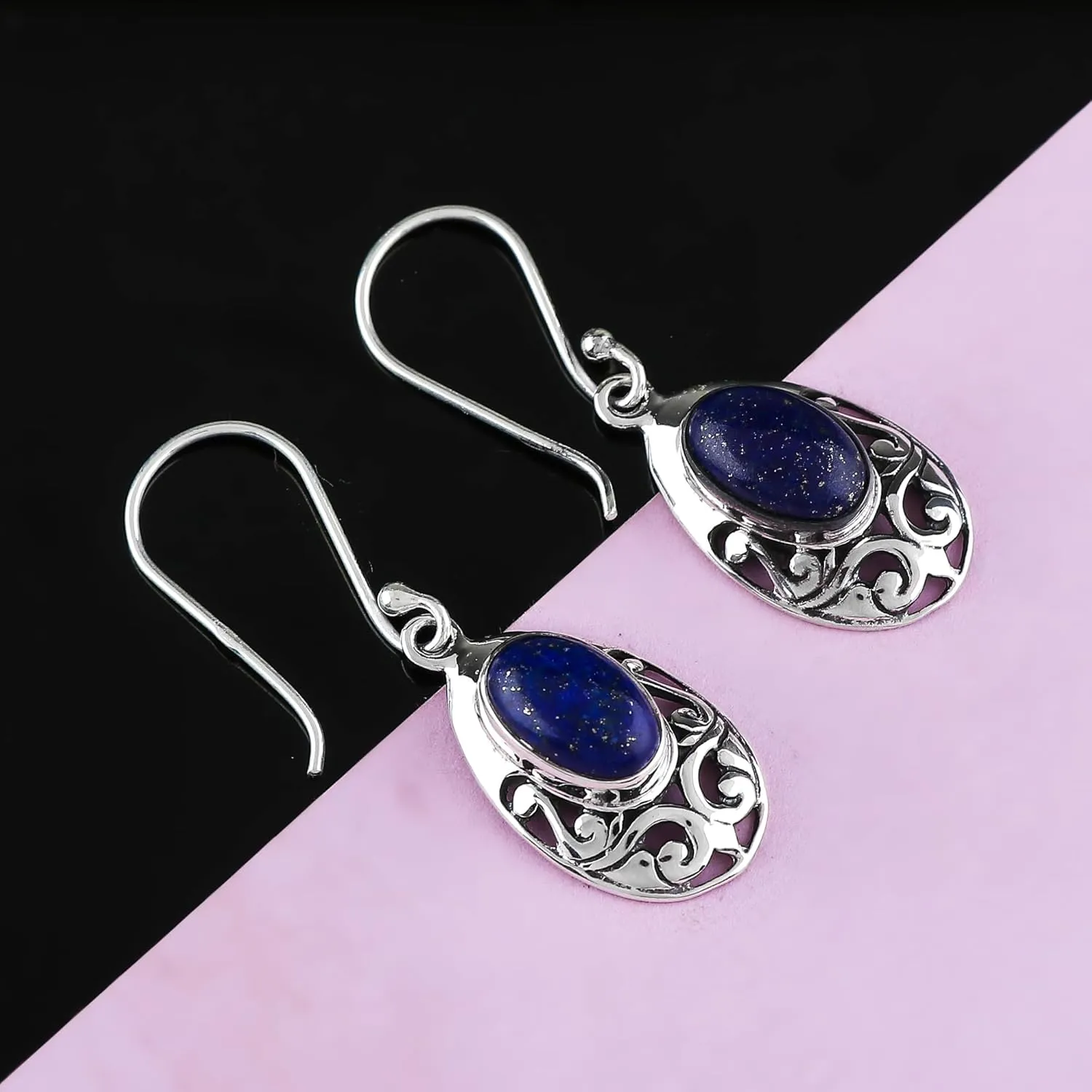 925 Sterling Silver Stud Earrings for Women, Natural Lapis Lazuli Earrings, Healing Crystals, Gemstone Crystals Jewelry, Handmade, Birthstone, Filigree, Bridal Jewelry