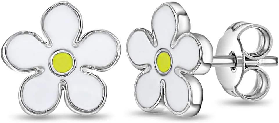 925 Sterling Silver White Enamel Daisy Flower Earrings For Little Girls 7mm - Cute and Delicate Enamel Daisy Flower Earrings for Little Girls Sensitive Ears