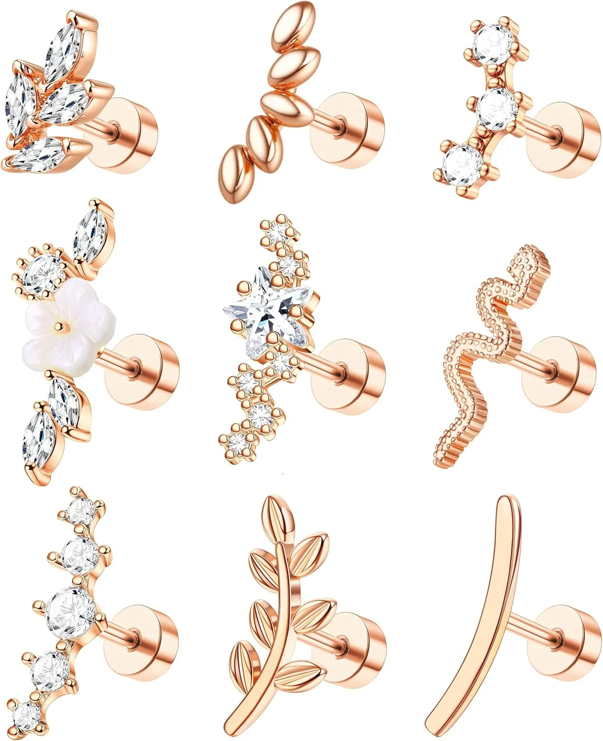 9Pcs Flat Back Cartilage Earrings for Women Trendy 16G Tragus Conch Helix Piercing Jewelry Stainless Steel Snake Star CZ Flat Back Stud Earrings Set