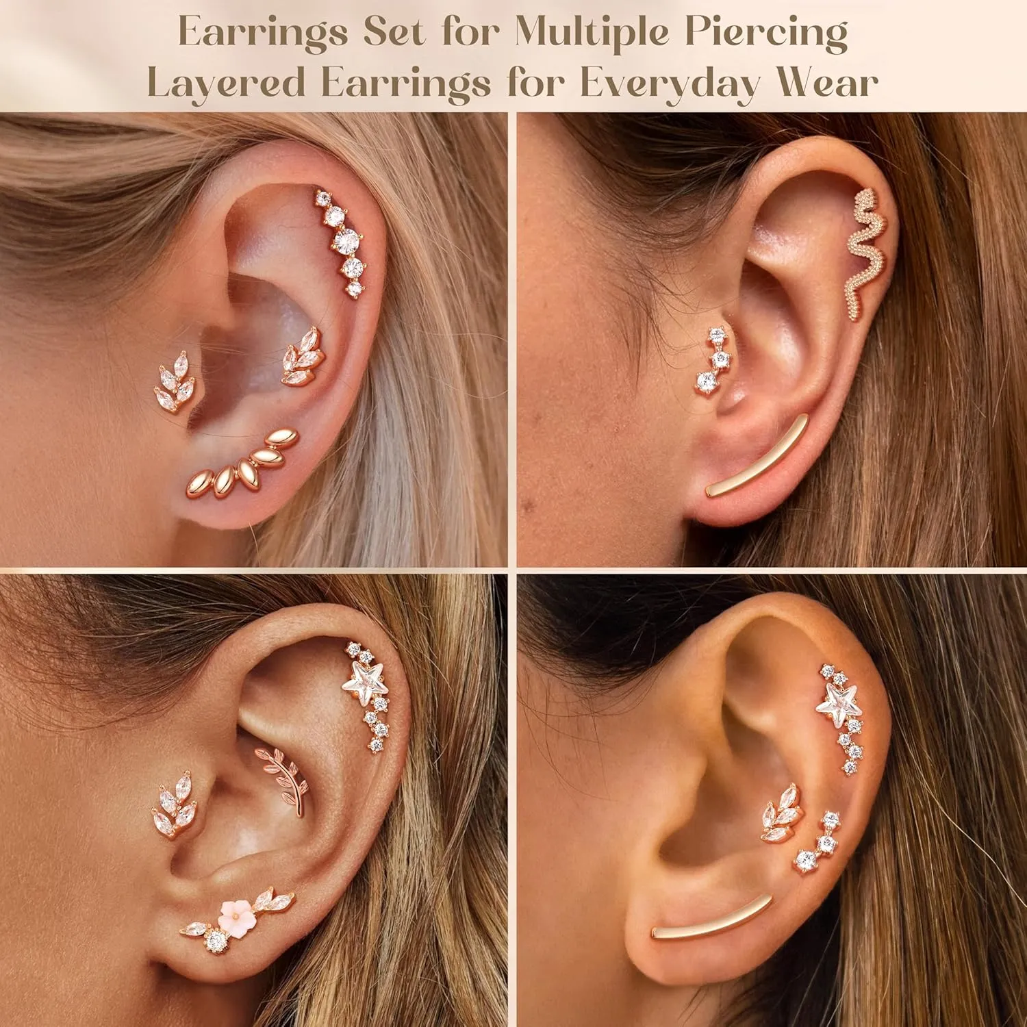 9Pcs Flat Back Cartilage Earrings for Women Trendy 16G Tragus Conch Helix Piercing Jewelry Stainless Steel Snake Star CZ Flat Back Stud Earrings Set