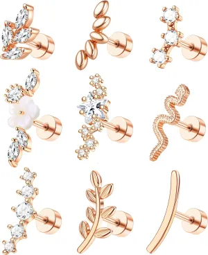9Pcs Flat Back Cartilage Earrings for Women Trendy 16G Tragus Conch Helix Piercing Jewelry Stainless Steel Snake Star CZ Flat Back Stud Earrings Set