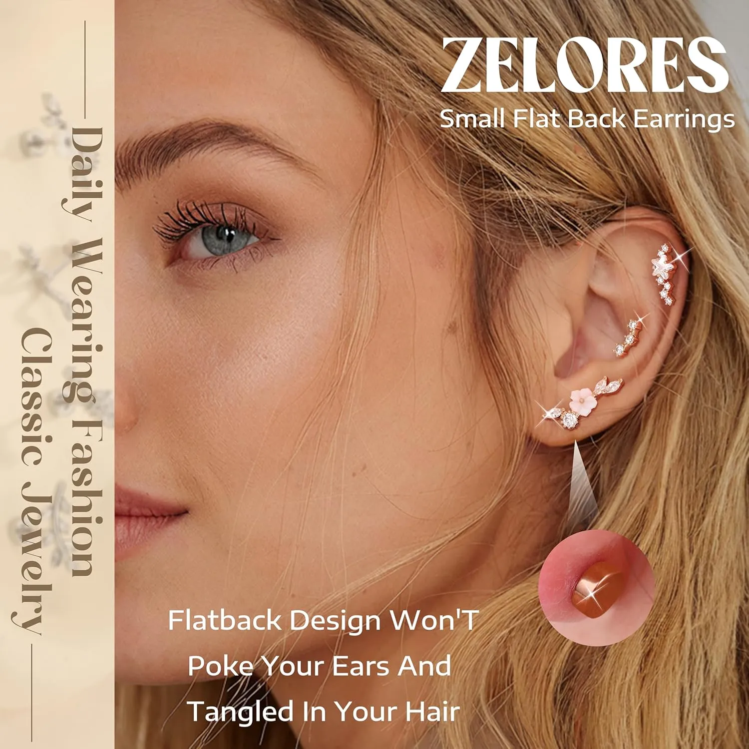 9Pcs Flat Back Cartilage Earrings for Women Trendy 16G Tragus Conch Helix Piercing Jewelry Stainless Steel Snake Star CZ Flat Back Stud Earrings Set