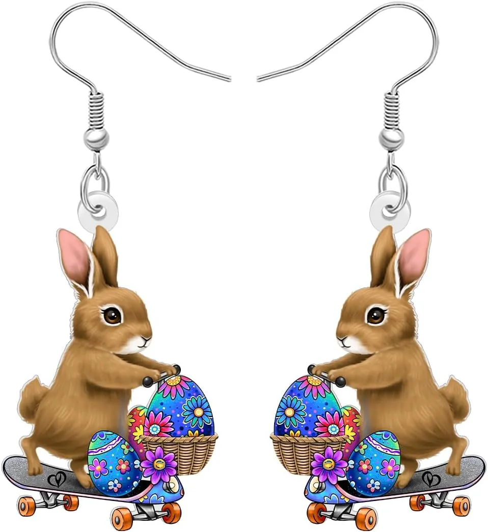 Acrylic Cute Easter Eggs Gift Bunny Stepping on Skateboard Dangle Earrings Funny Rabbit Hare Designer Earrings Hypoallergenic Animal Lovers Jewelry for Women Holiday Party Charms