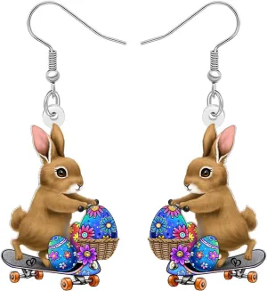 Acrylic Cute Easter Eggs Gift Bunny Stepping on Skateboard Dangle Earrings Funny Rabbit Hare Designer Earrings Hypoallergenic Animal Lovers Jewelry for Women Holiday Party Charms