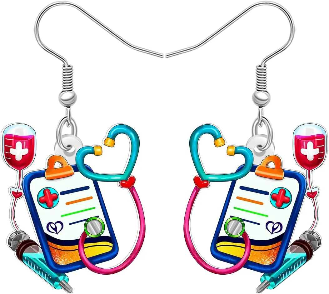 Acrylic Funny Stethoscope Nurse Dangle Earrings Cute Heart Earrings Dangling Nursing Graduation Appreciation Jewelry Nurse Gifts for Women Doctor RN Accessories