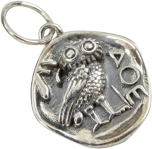Acxico 1Pcs Sterling Silver Ancient Owl Coin Organic Round Small Charm Pendant Unique
