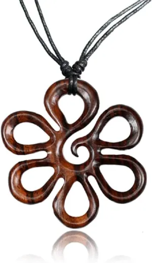 Adjustable Organic Wood Flower Necklace for Women - Hexafoil Flower of Life Chakra Necklace