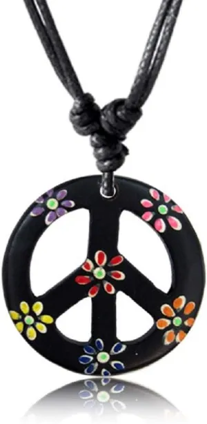 Adjustable Peace Sign Pendant Necklace with Organic Wood - Hippie Accessories and Hippie Costume for 60s or 70s