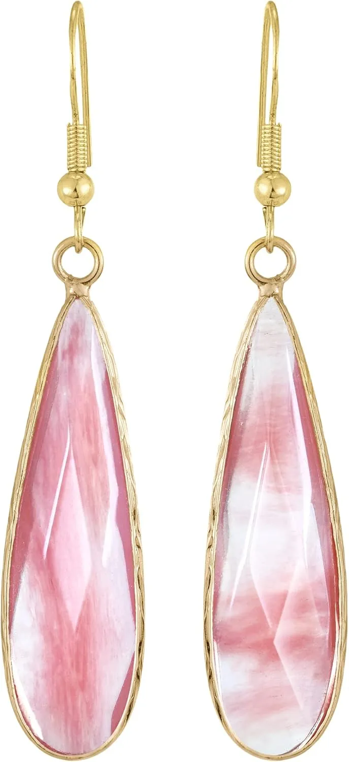 AeraVida Long Teardrop Pink and White Kunzite Sterling Silver Dangle Earrings | Handmade Polished .925 Fishhook Drop Earrings | Elegant Lightweight Evening Jewelry Gift
