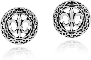 AeraVida Vintage Fleur De Lis or French Lily .925 Sterling Silver Stud Earrings | Celtic Frame Dainty Intricate .925 Silver Jewelry for Women